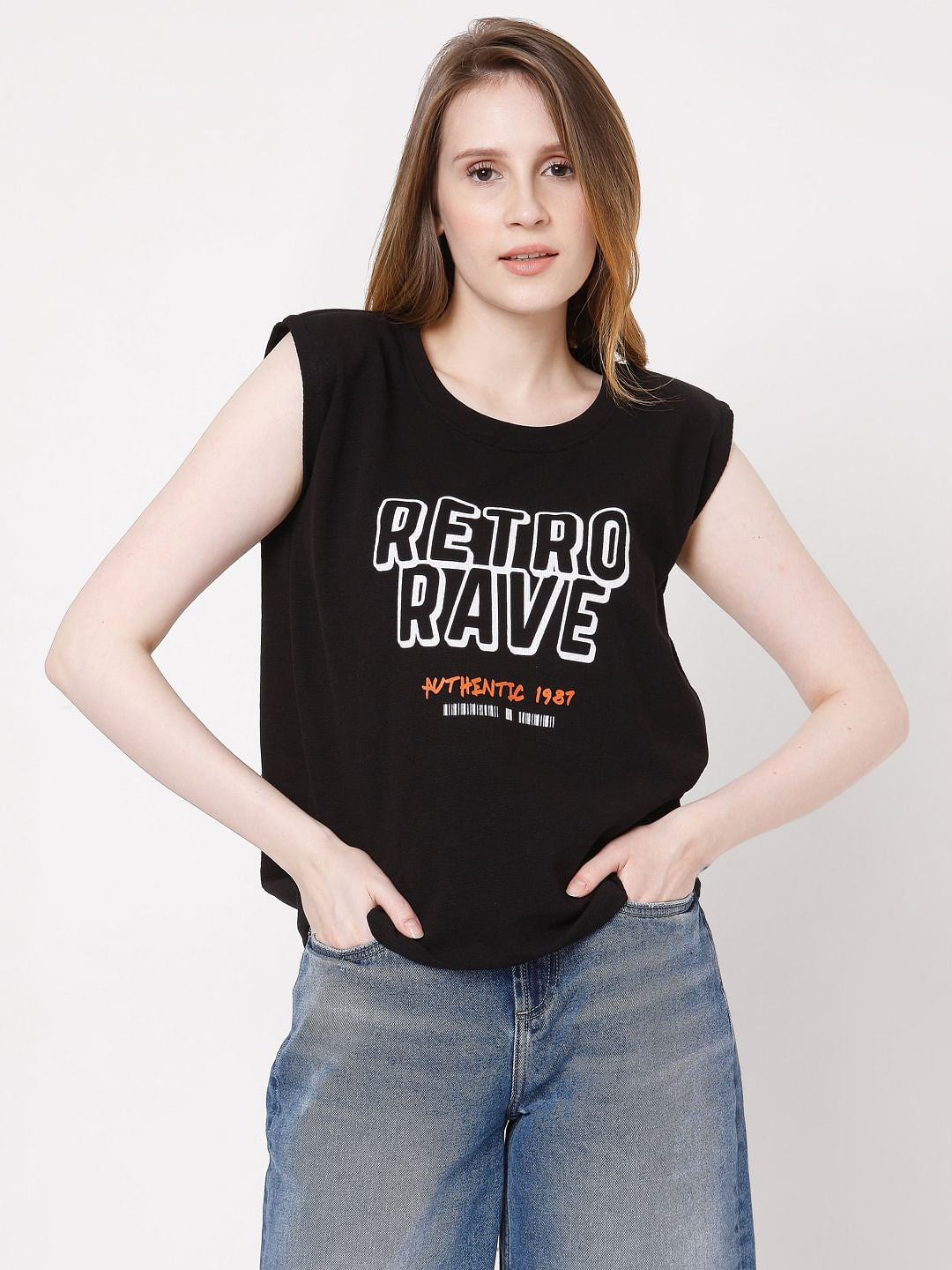 Black Sleeveless Text Print T-Shirt