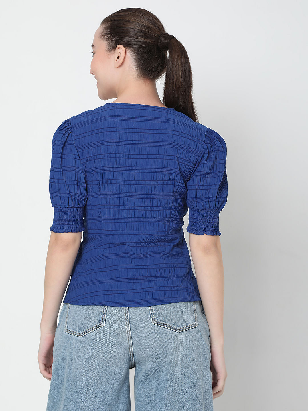 Blue Textured V-Neck Top