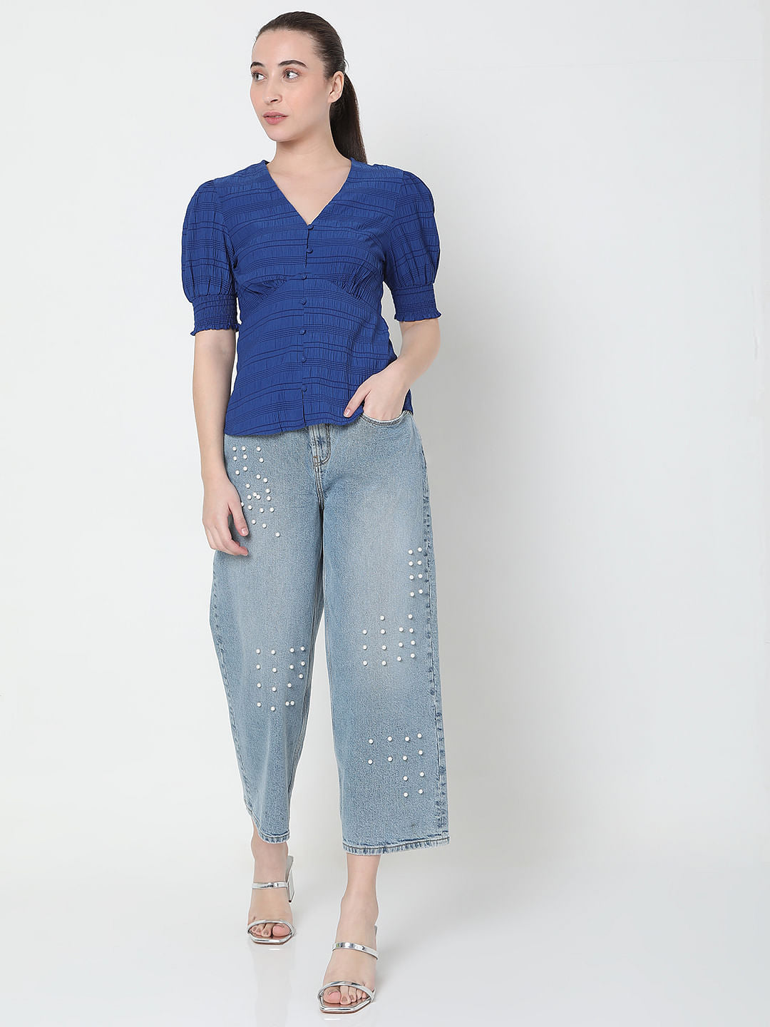 Blue Textured V-Neck Top