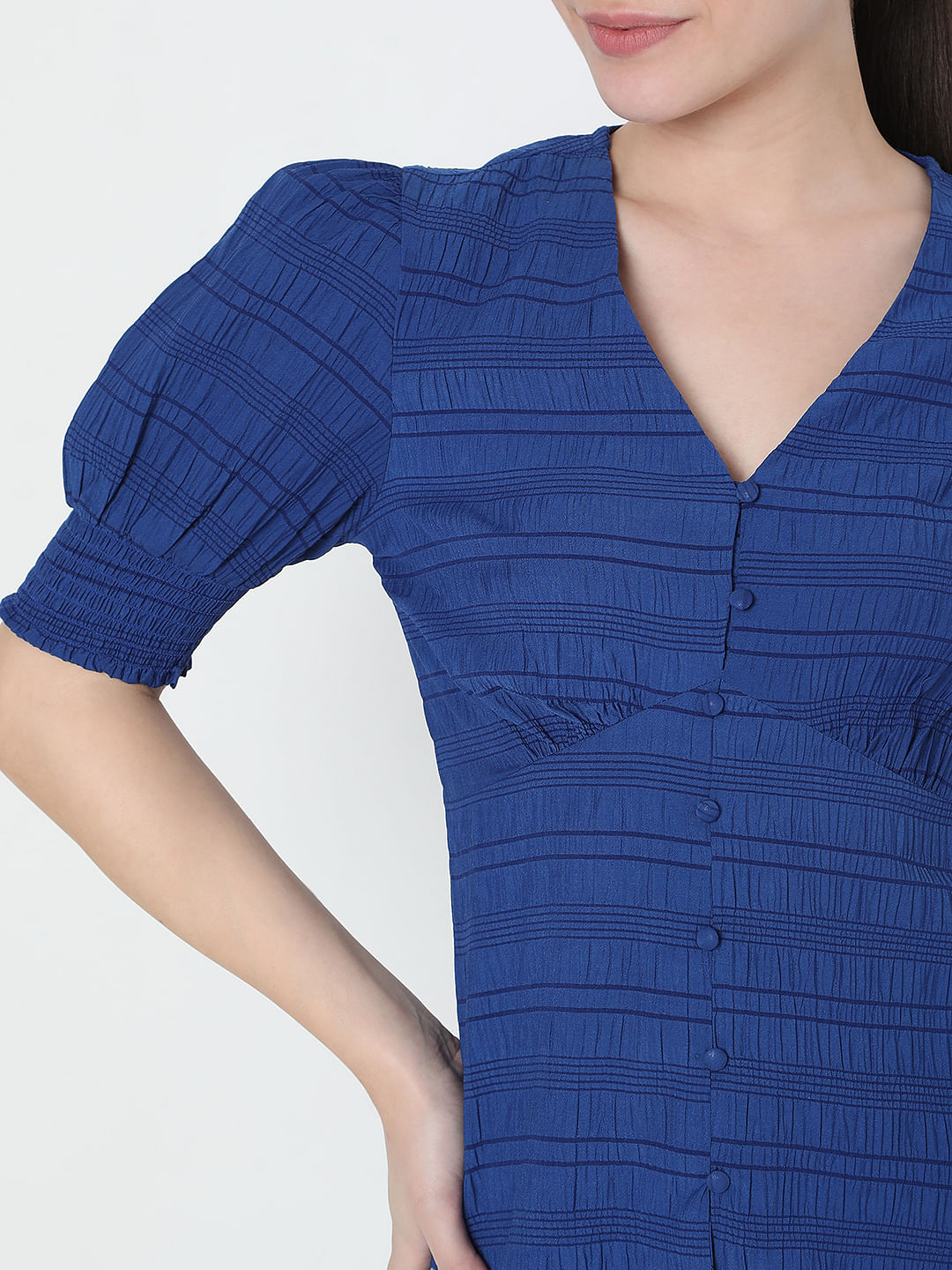 Blue Textured V-Neck Top
