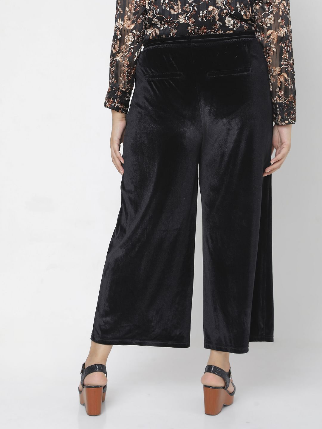 Curve Black Velvet Wide Leg Pants