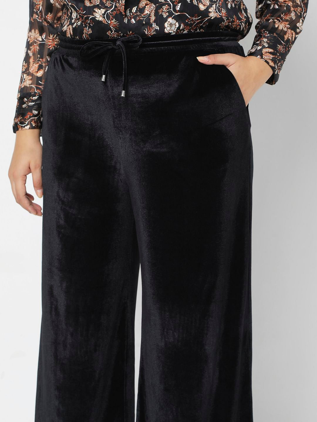 Curve Black Velvet Wide Leg Pants