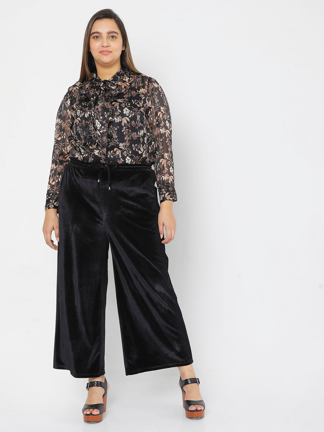 Curve Black Velvet Wide Leg Pants
