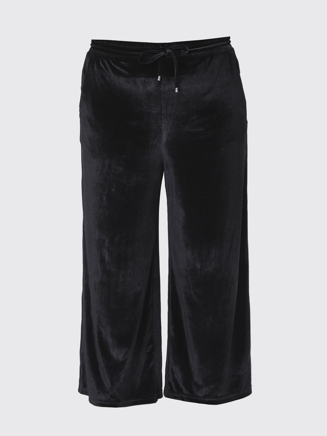 Curve Black Velvet Wide Leg Pants