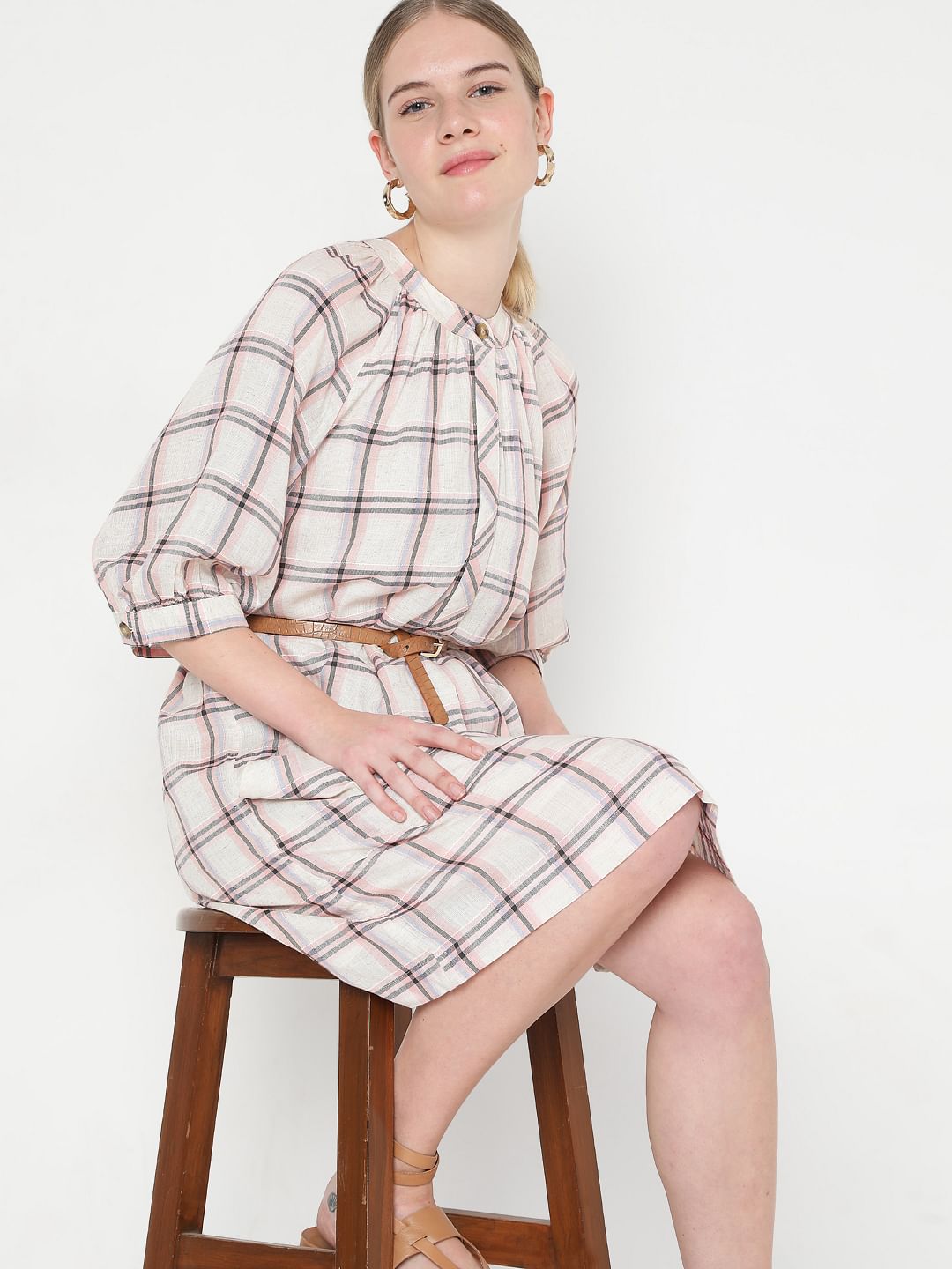 Light Pink Checks Shift Dress