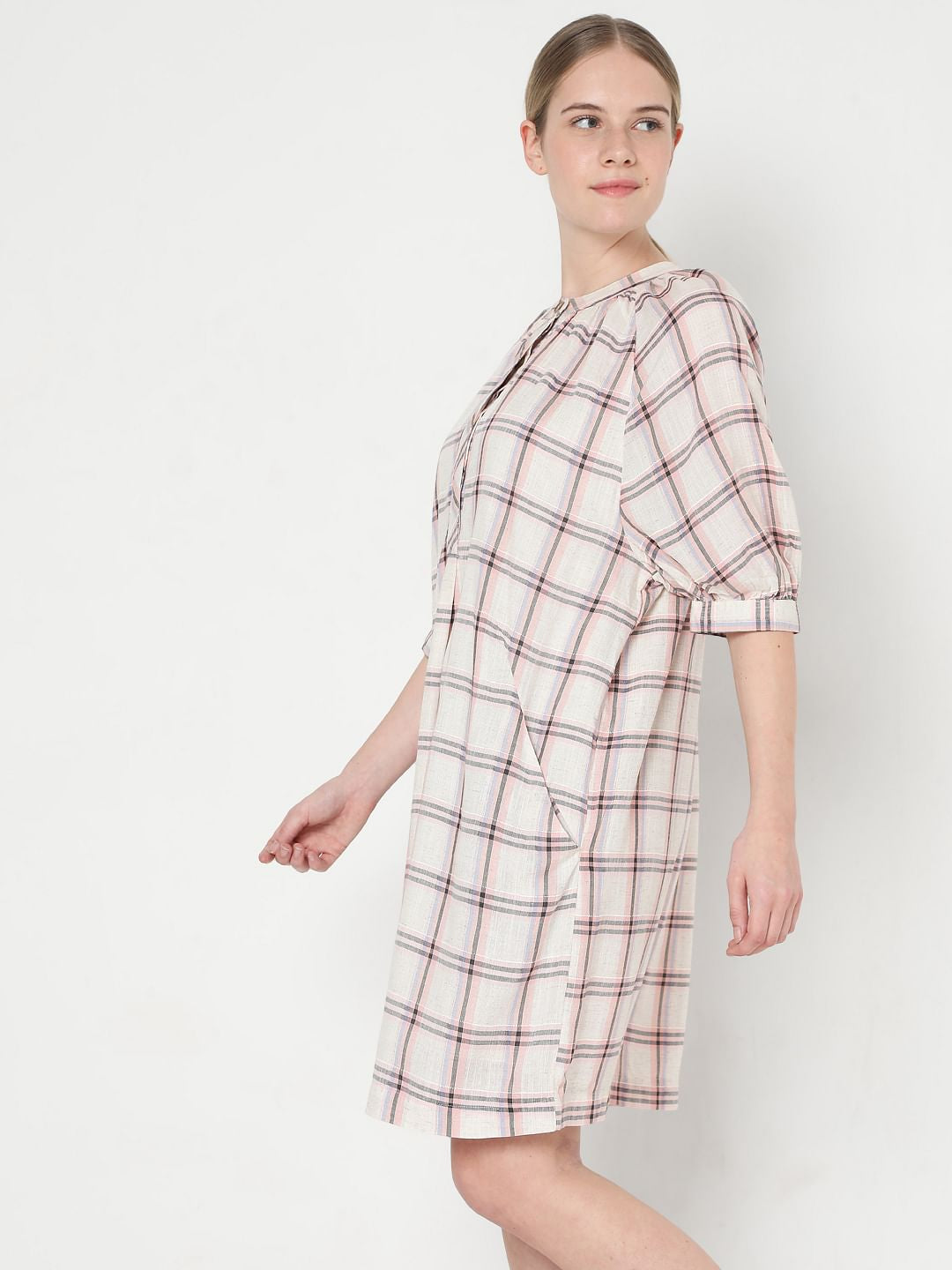 Light Pink Checks Shift Dress