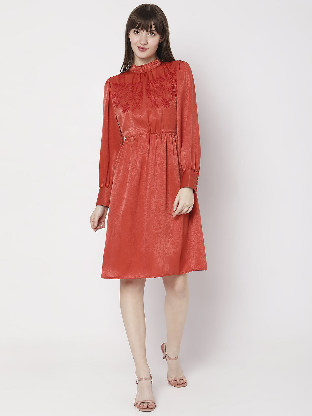 Rust Satin Fit & Flare Dress