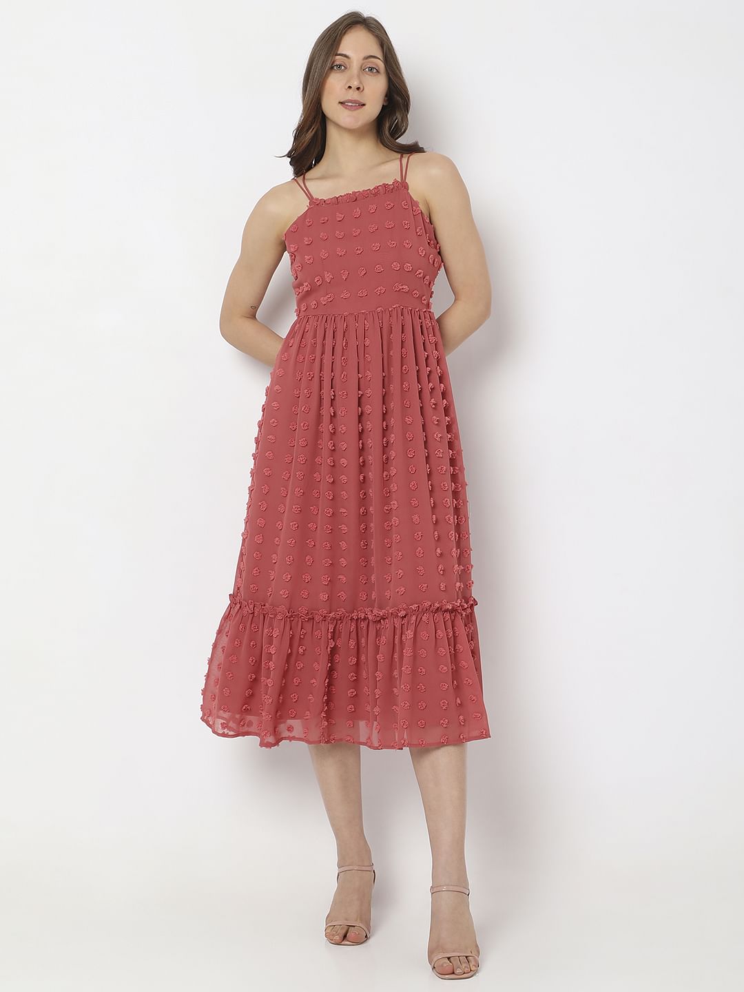 Red Self-Design Midi Dress