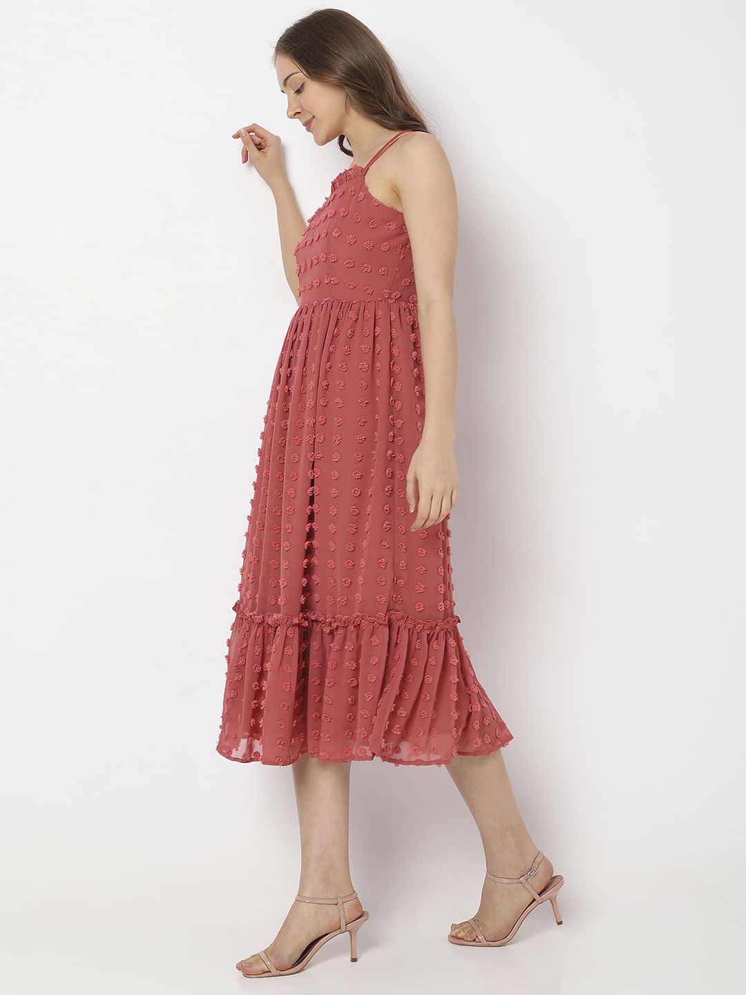 Red Self-Design Midi Dress