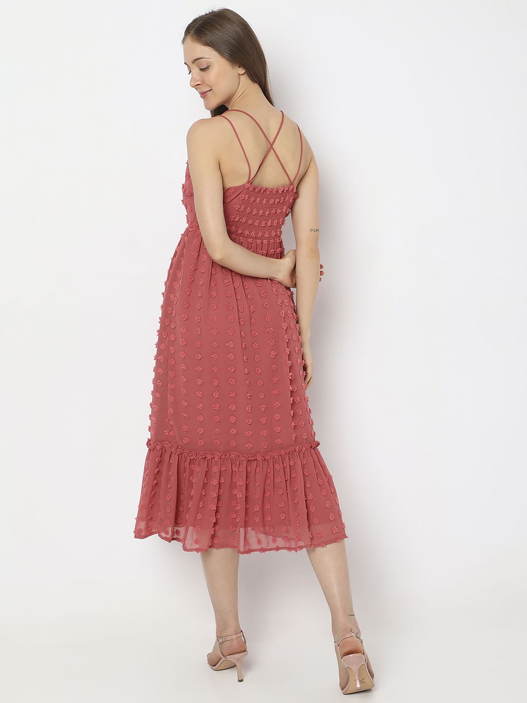 Red Self-Design Midi Dress