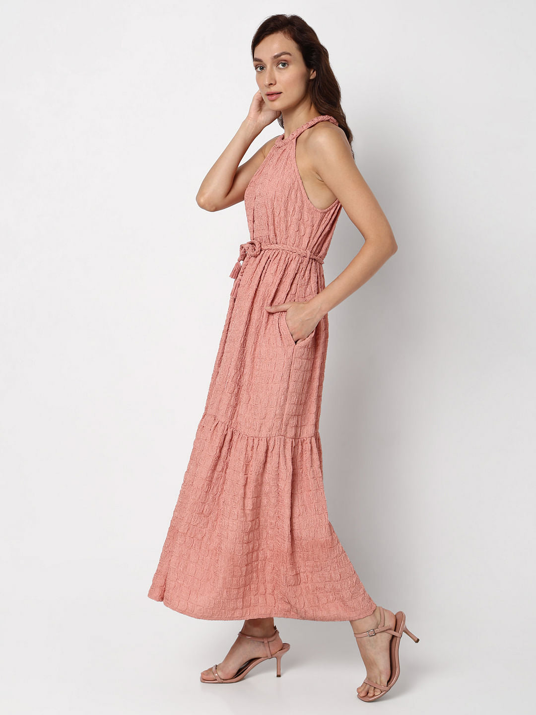 Pink Textured Tiered Maxi Dress