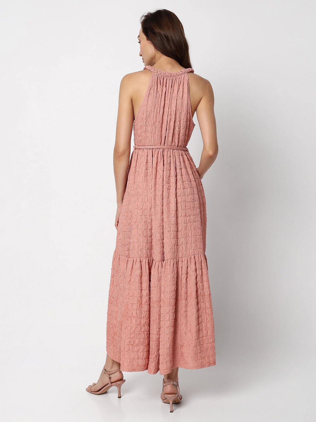 Pink Textured Tiered Maxi Dress