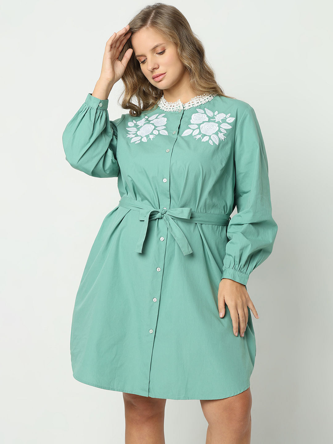 Curve Green Embroidered Short Dress