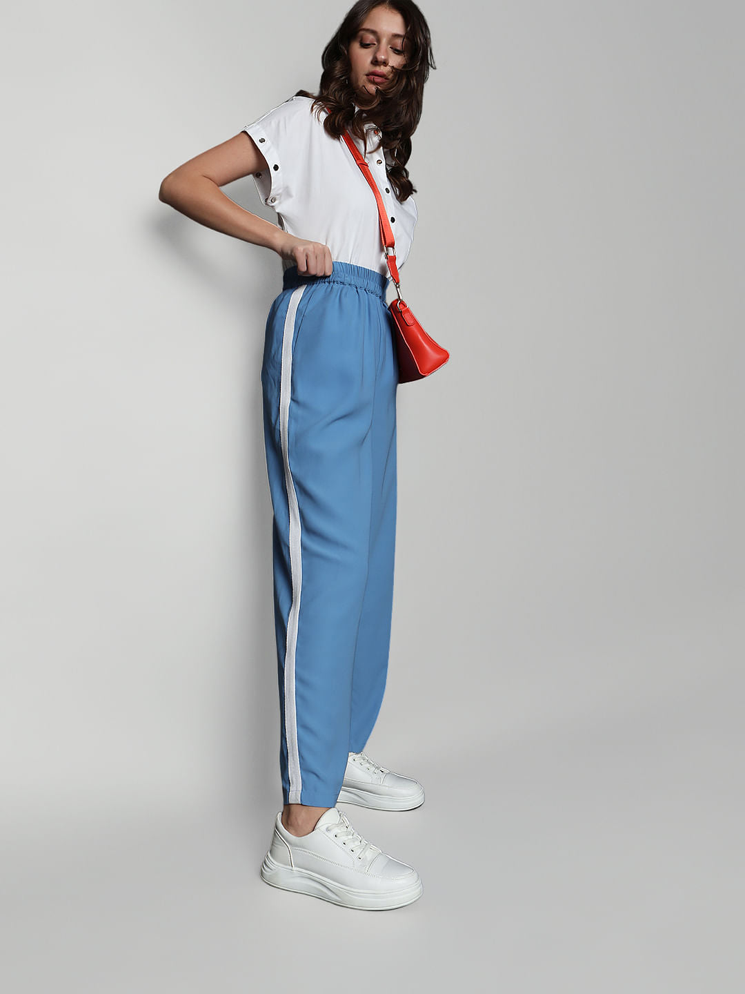 Blue Mid Rise Wide Leg Pants
