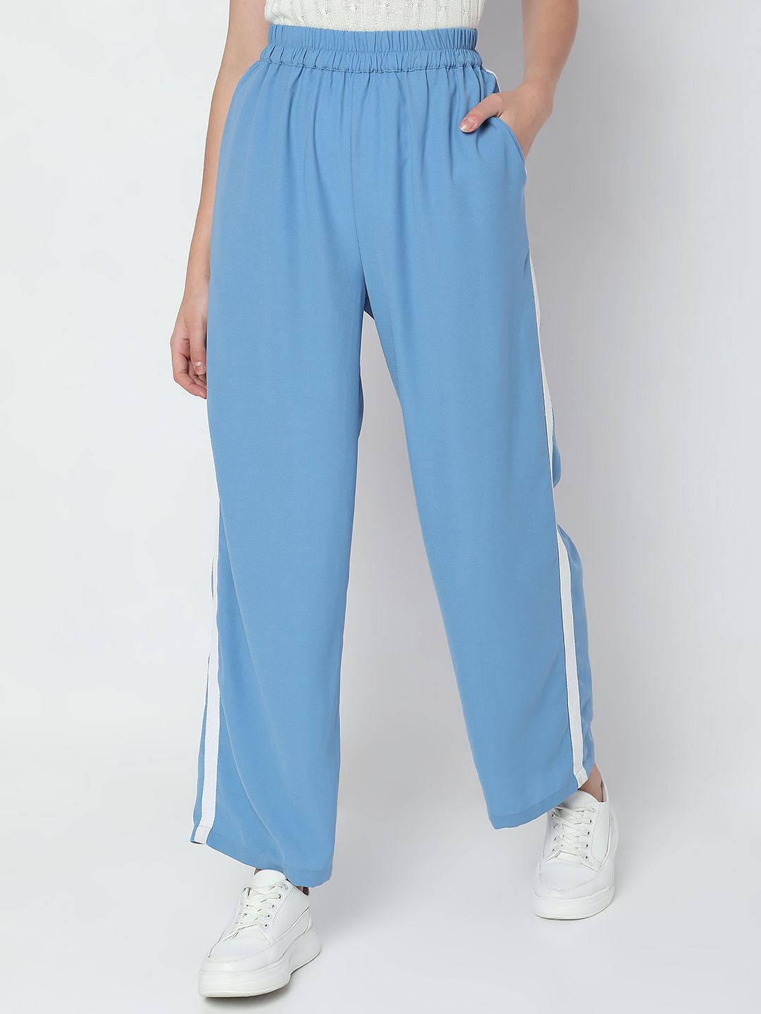 Blue Mid Rise Wide Leg Pants