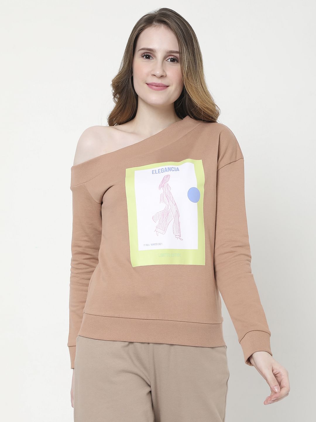 Dusty Pink One Shoulder Graphic Print Sweatshirt