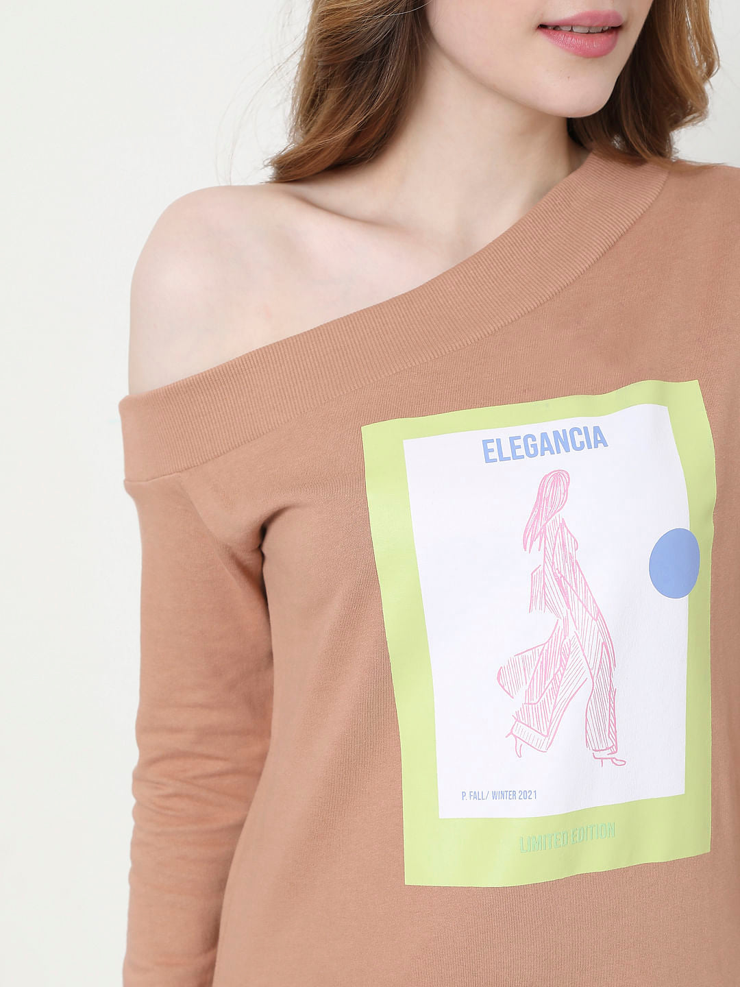 Dusty Pink One Shoulder Graphic Print Sweatshirt