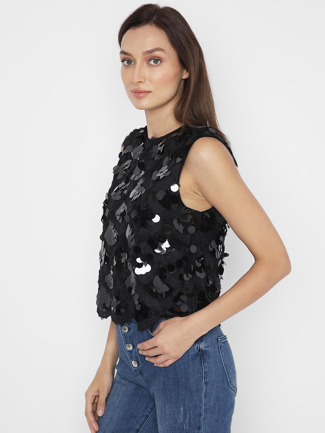 Black Sequin Detail Sleeveless Top