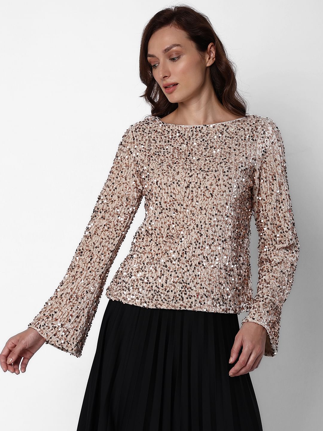 Beige Sequinned Boat Neck Top