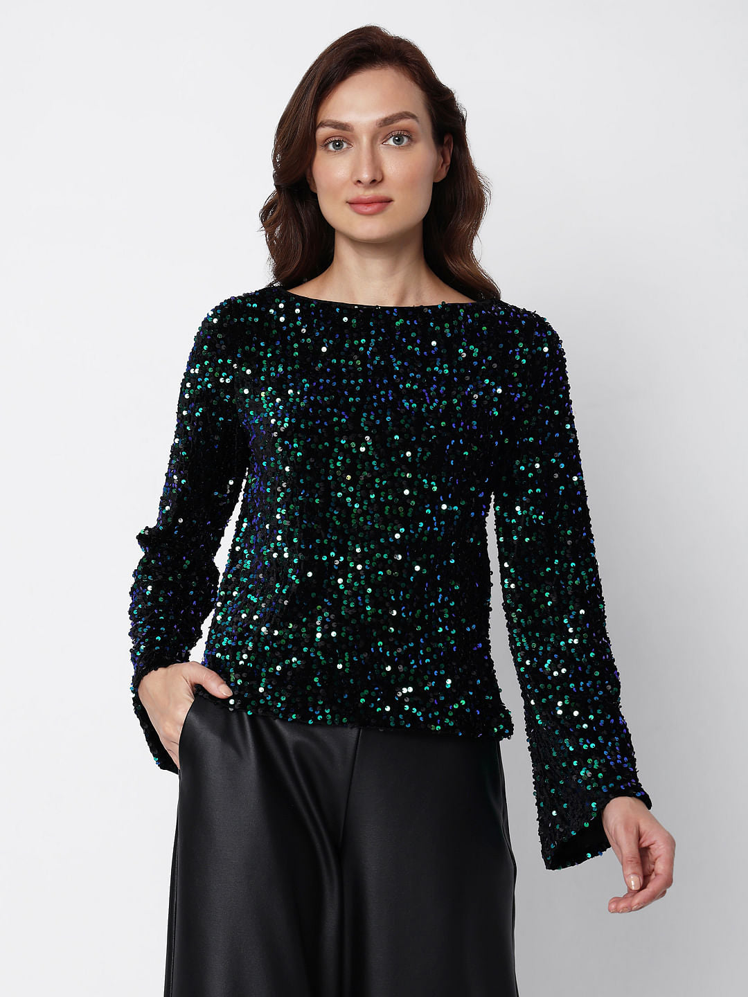 Black Sequinned Boat Neck Top