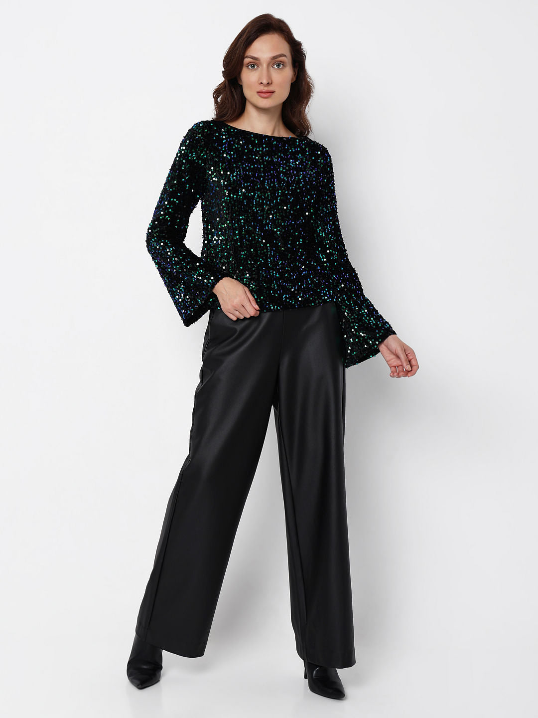 Black Sequinned Boat Neck Top