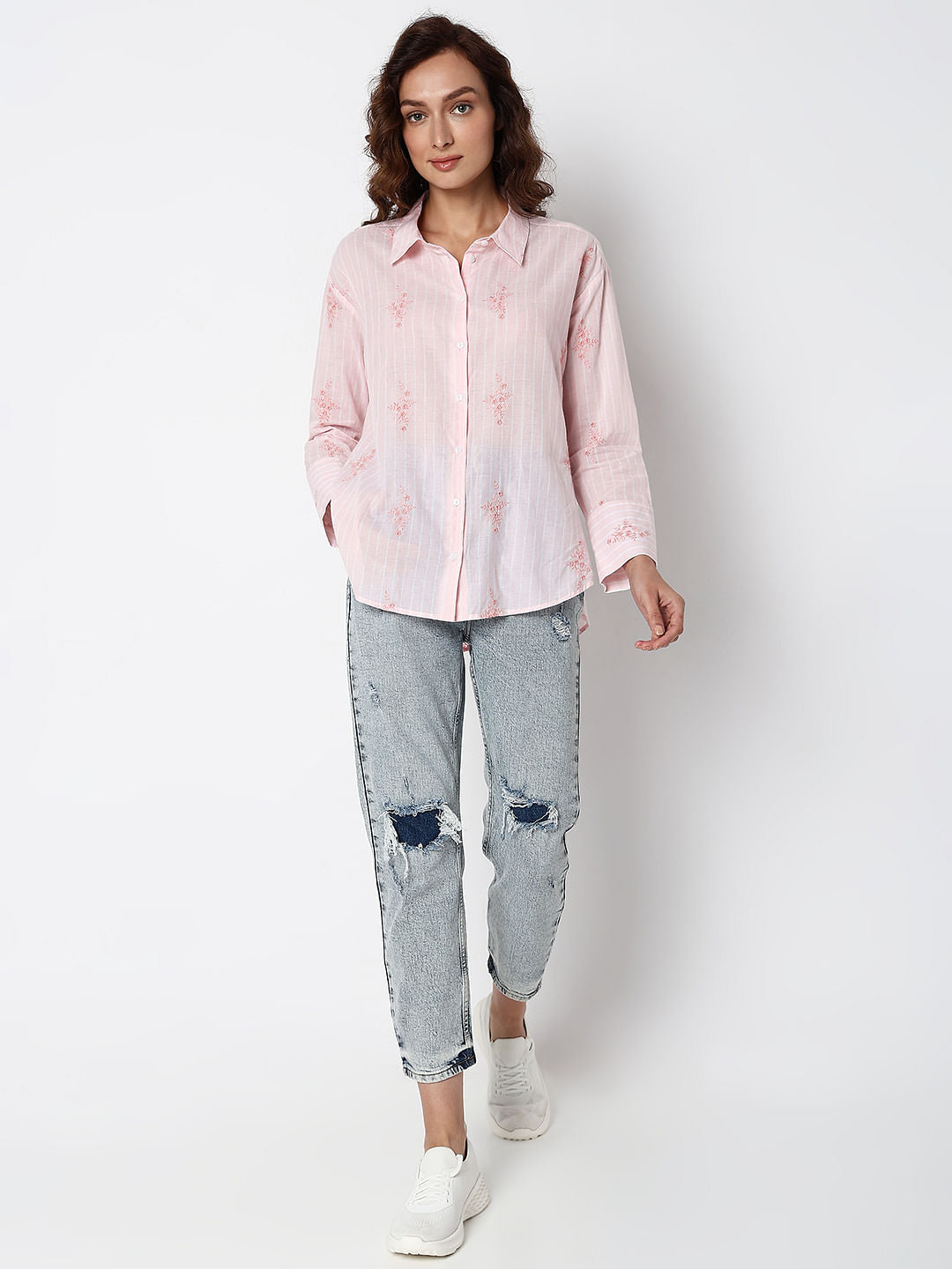 Pink Striped Embroidered Shirt