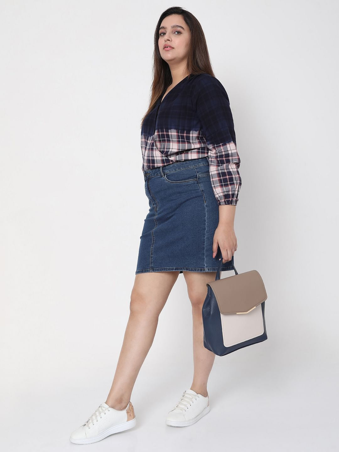 Curve Blue Washed Check Top