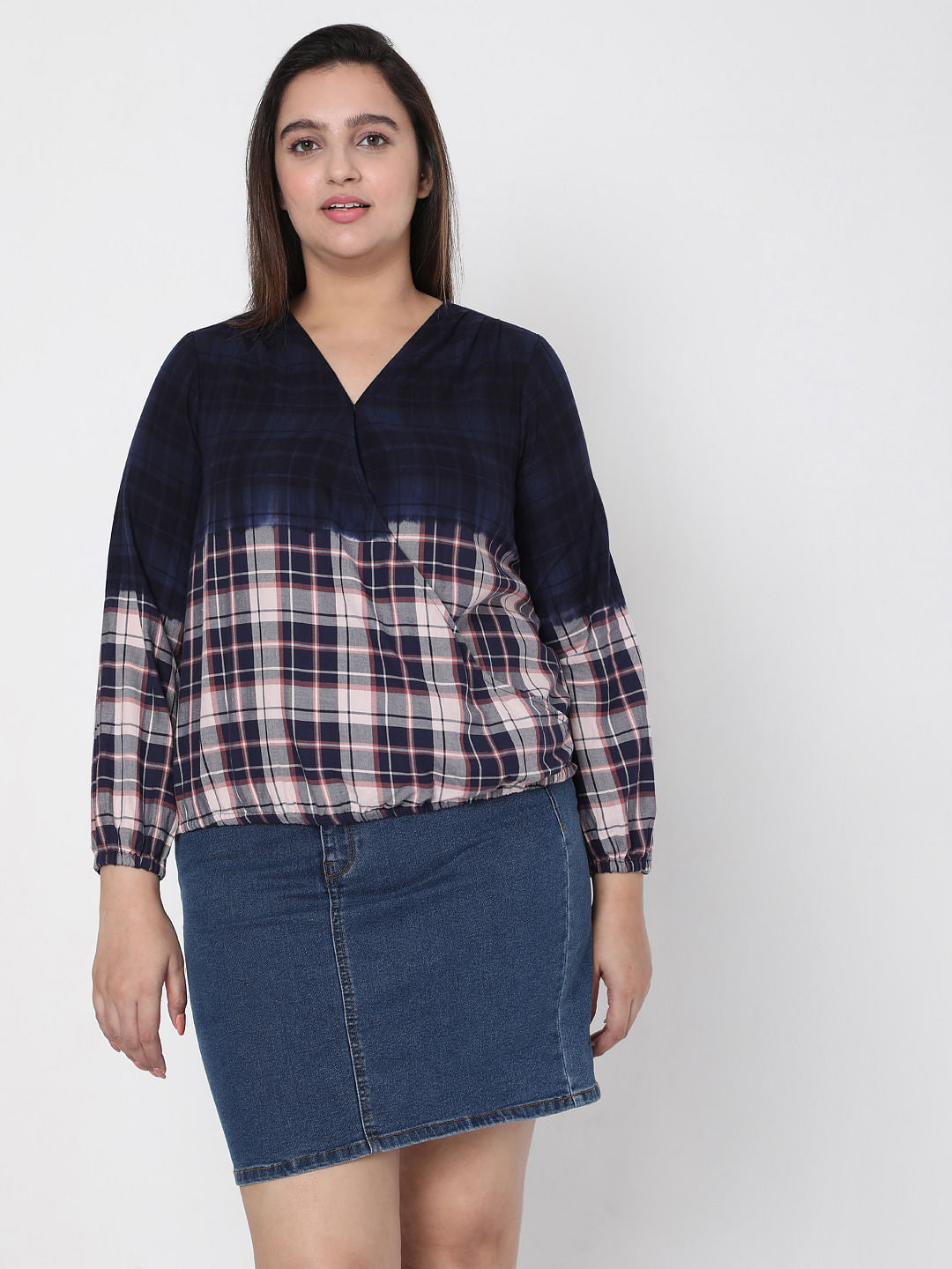 Curve Blue Washed Check Top
