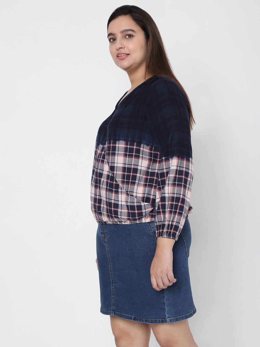 Curve Blue Washed Check Top