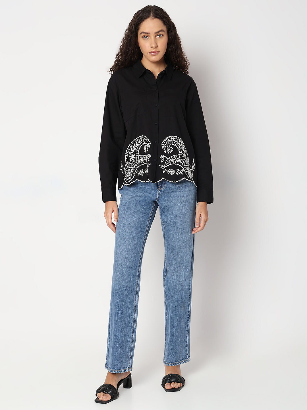 Black Contrast Embroidery Shirt