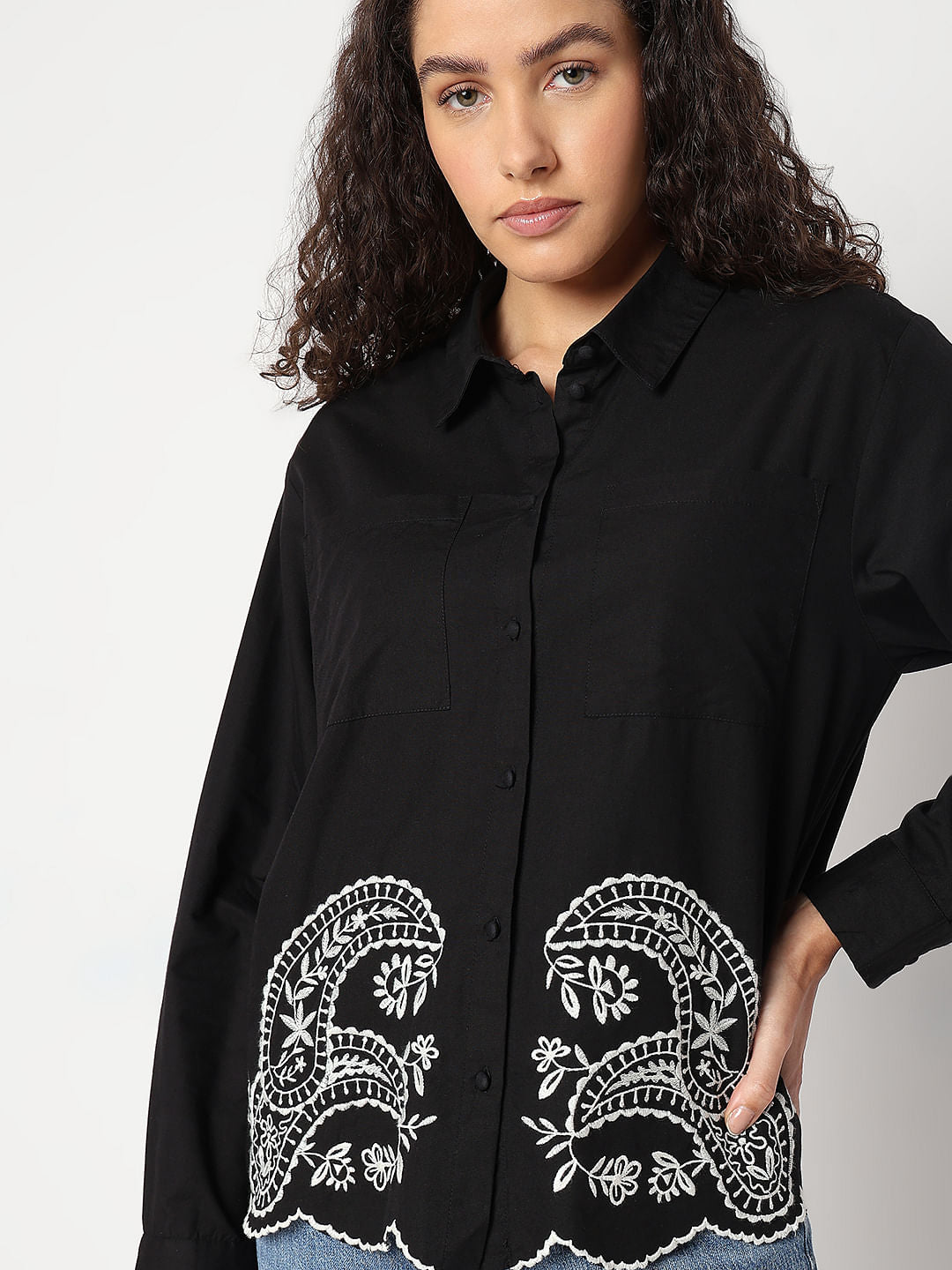 Black Contrast Embroidery Shirt