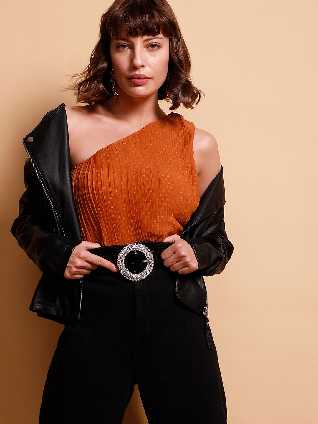 Rust Orange Dobby Pleated Top