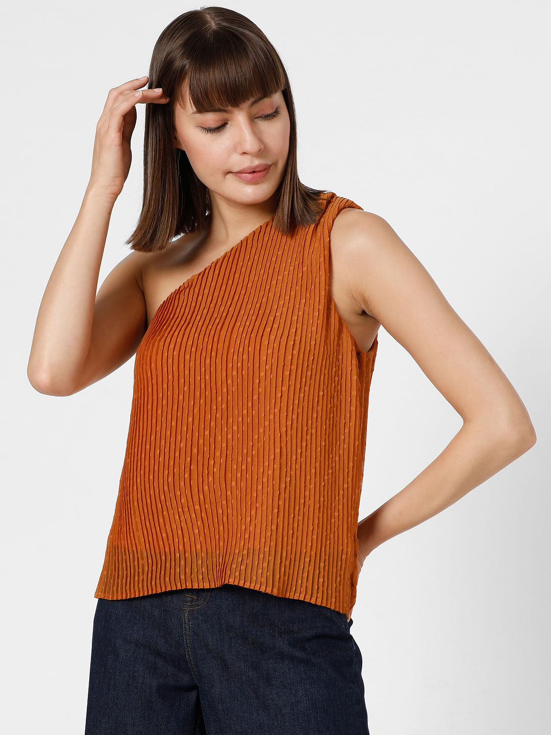 Rust Orange Dobby Pleated Top