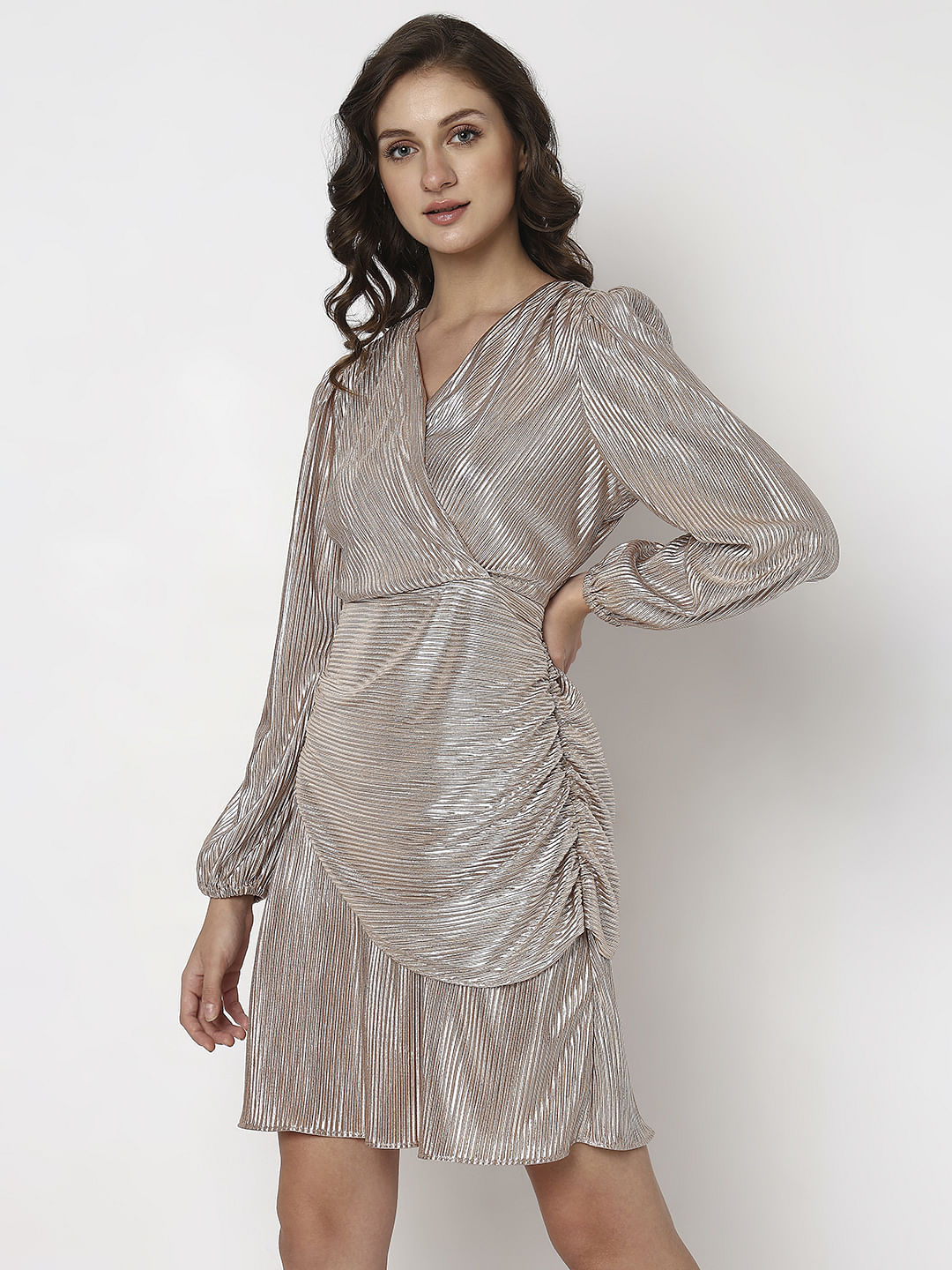 Metallic Pink Plisse Fit & Flare Dress