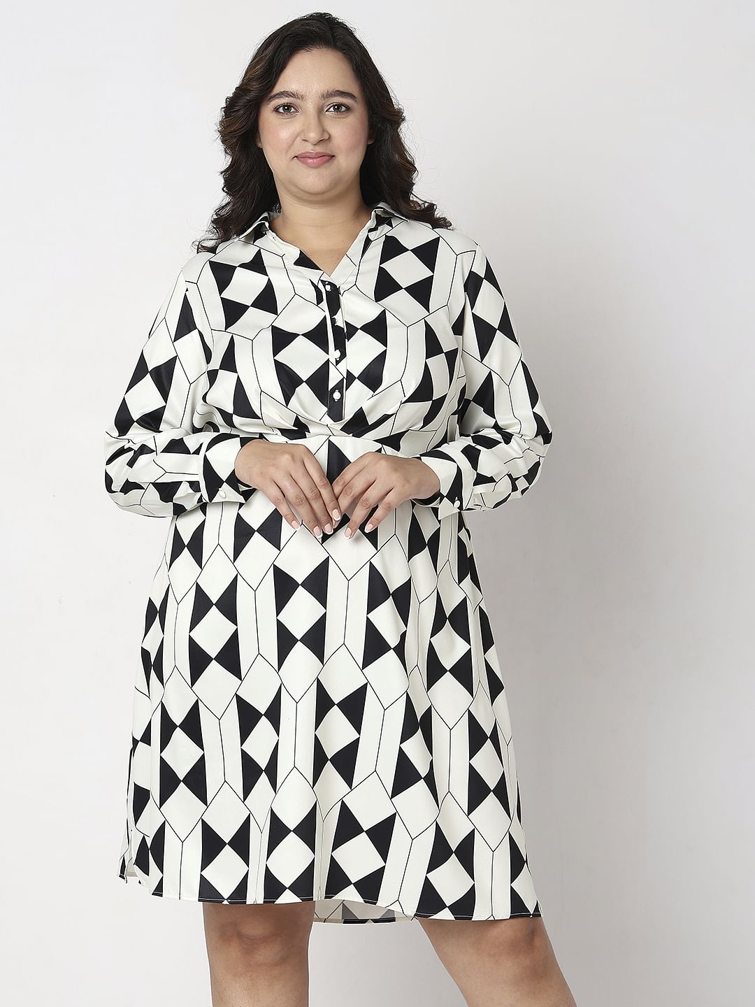 Curve Black Monochrome Printed Shirt Dress