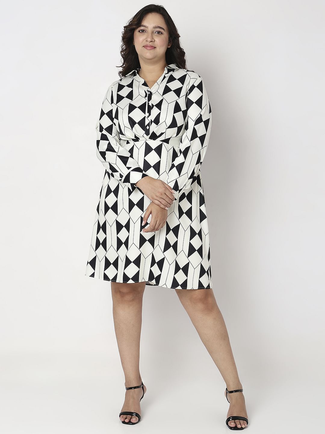 Curve Black Monochrome Printed Shirt Dress