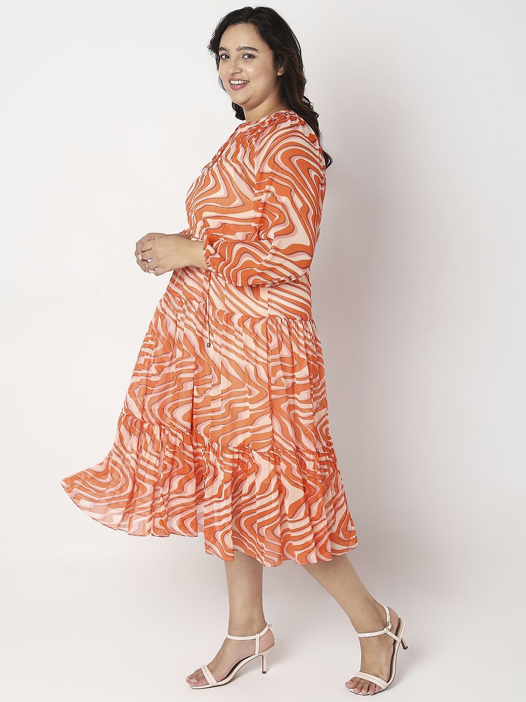 Curve Orange Abstract Print Shift Dress