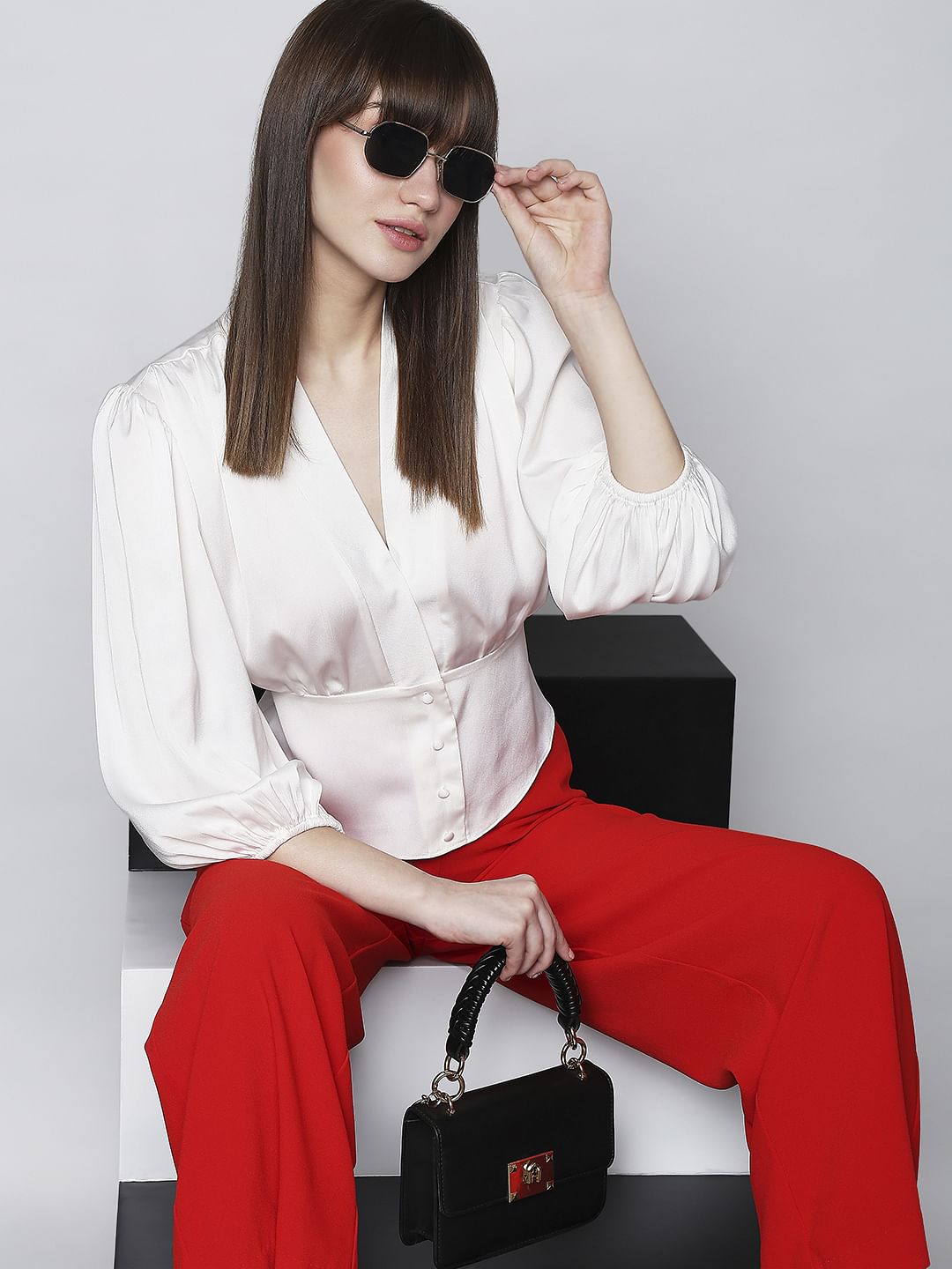 White V-Neck Flared Top