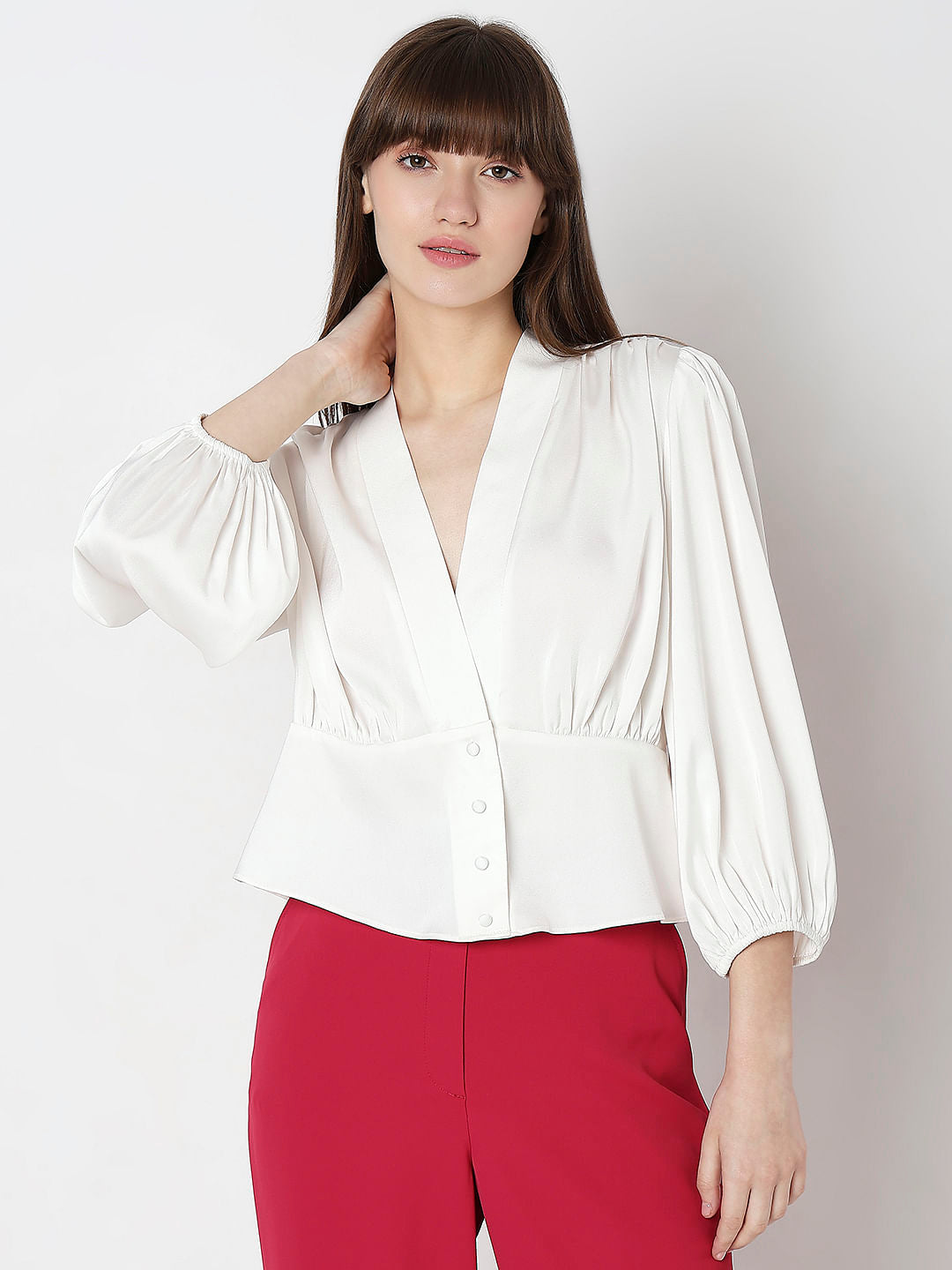 White V-Neck Flared Top