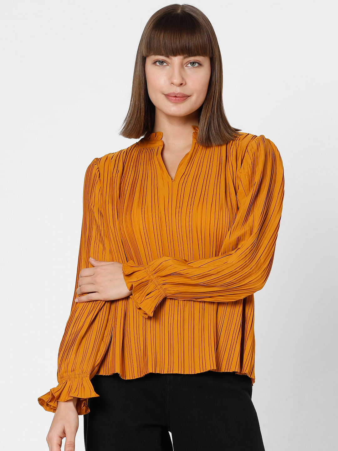 Orange Pleated Full Sleeves Top