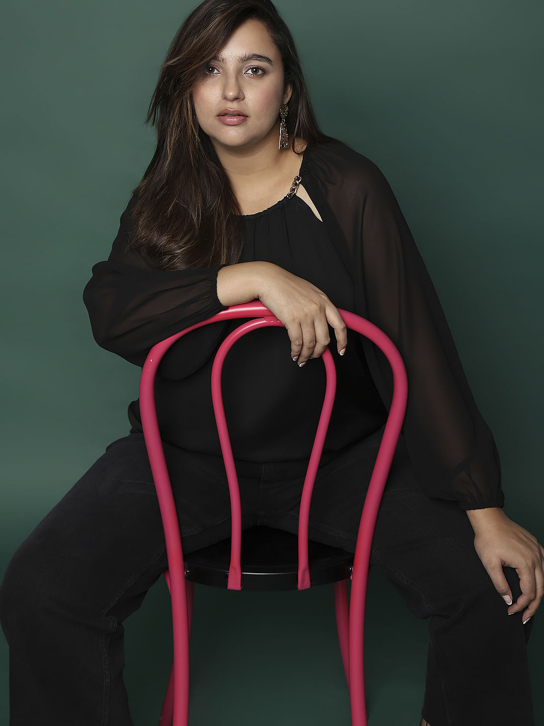 Curve Black Metal Chain Trim Top - L