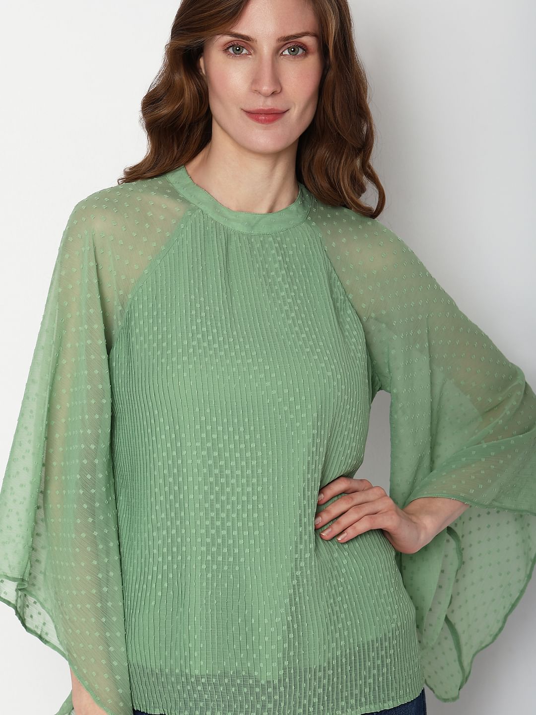 Green Dobby Plisse Top