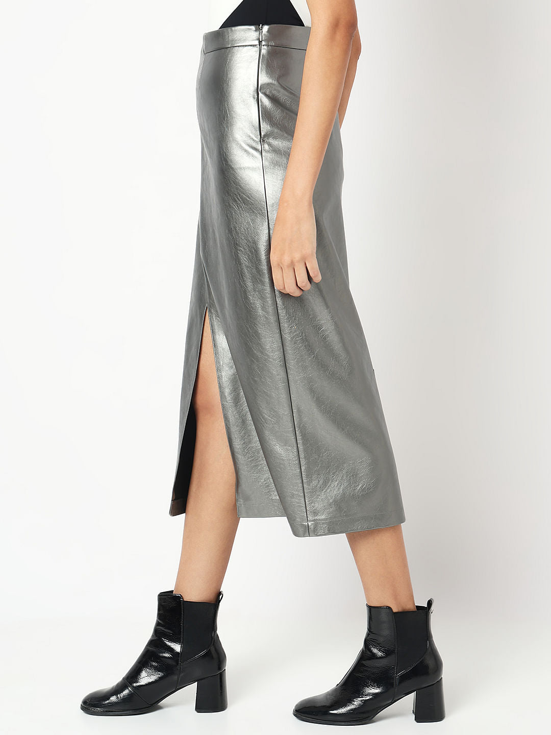 Silver Front Slit Midi Skirt