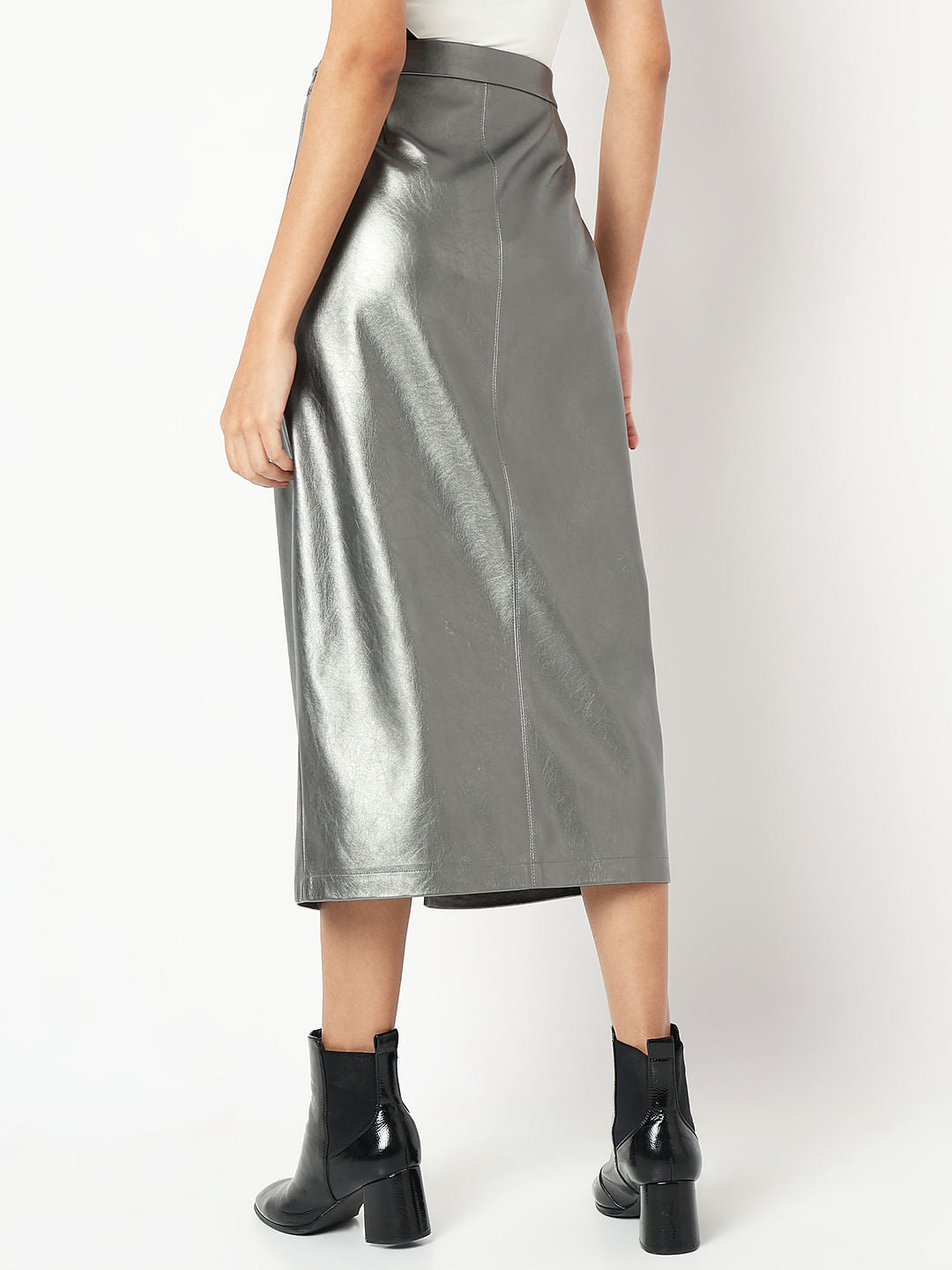 Silver Front Slit Midi Skirt