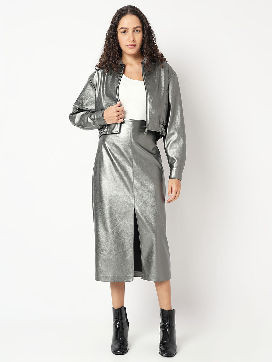 Silver Front Slit Midi Skirt