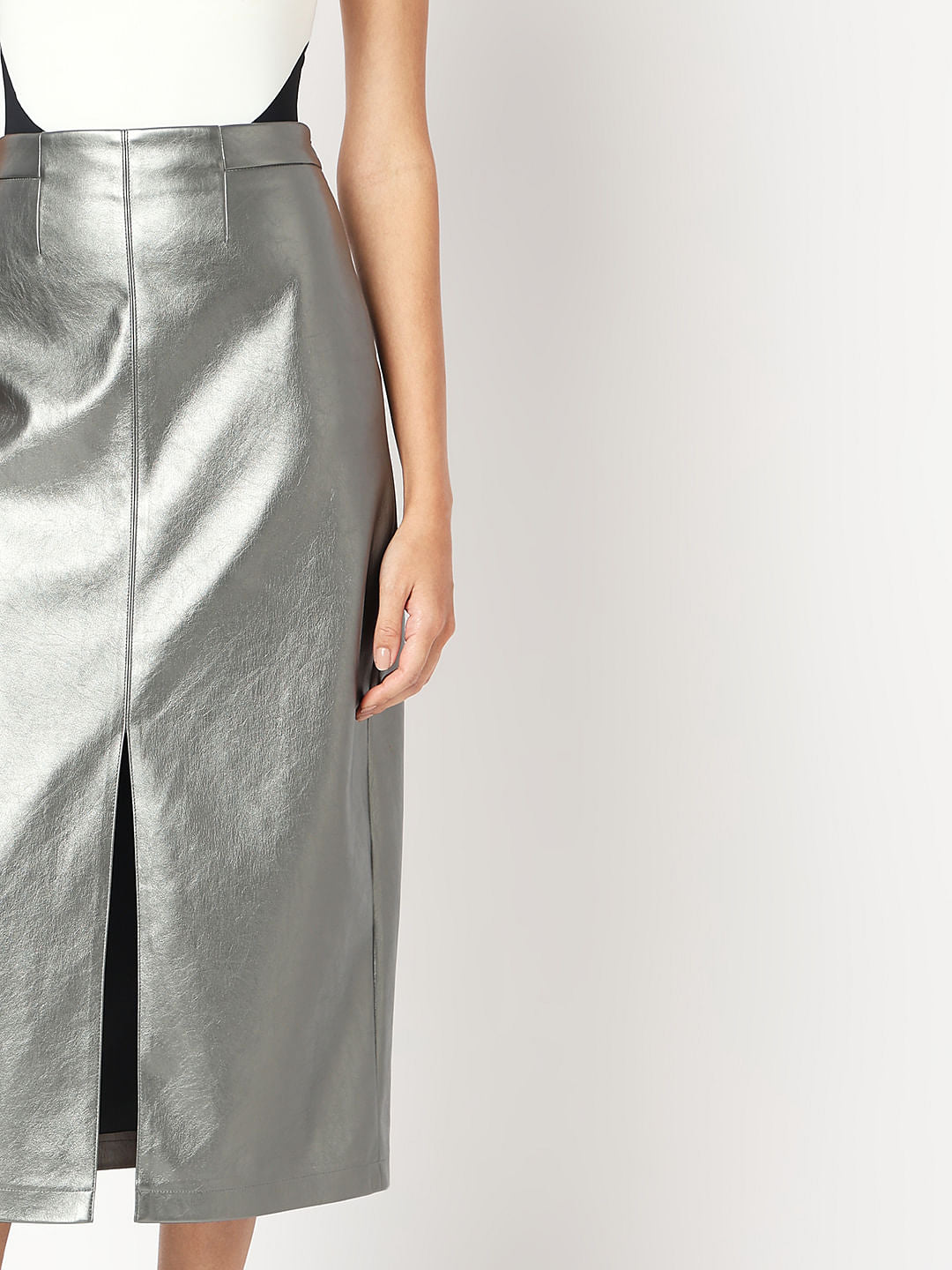 Silver Front Slit Midi Skirt