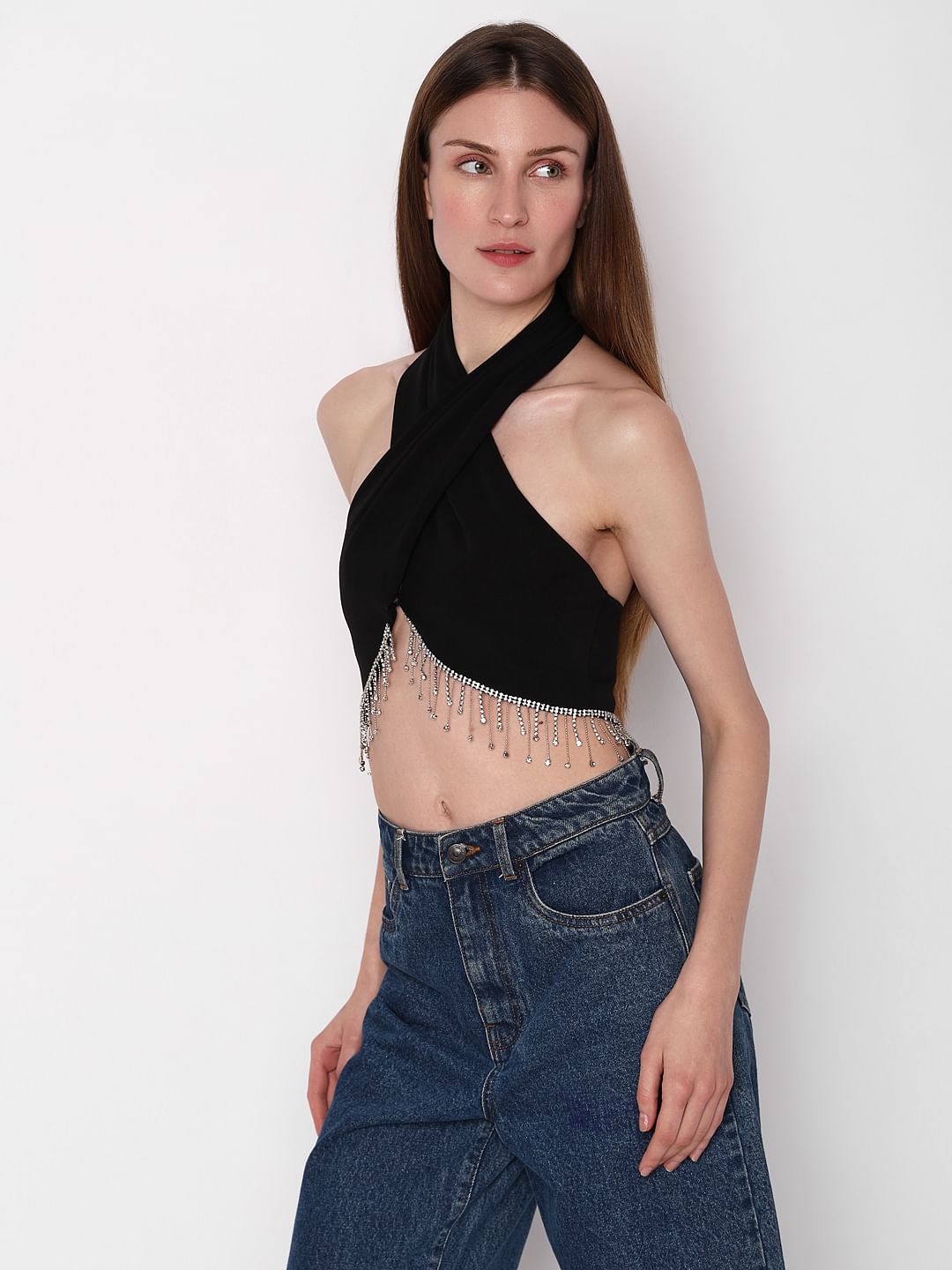 Black Jewelled Halter Neck Top