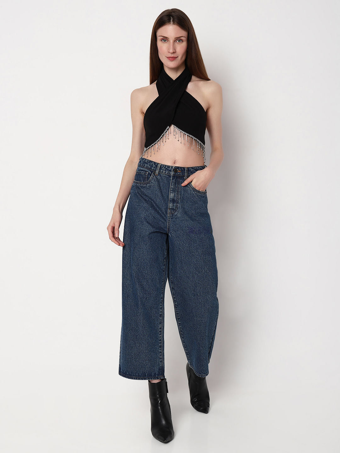 Black Jewelled Halter Neck Top