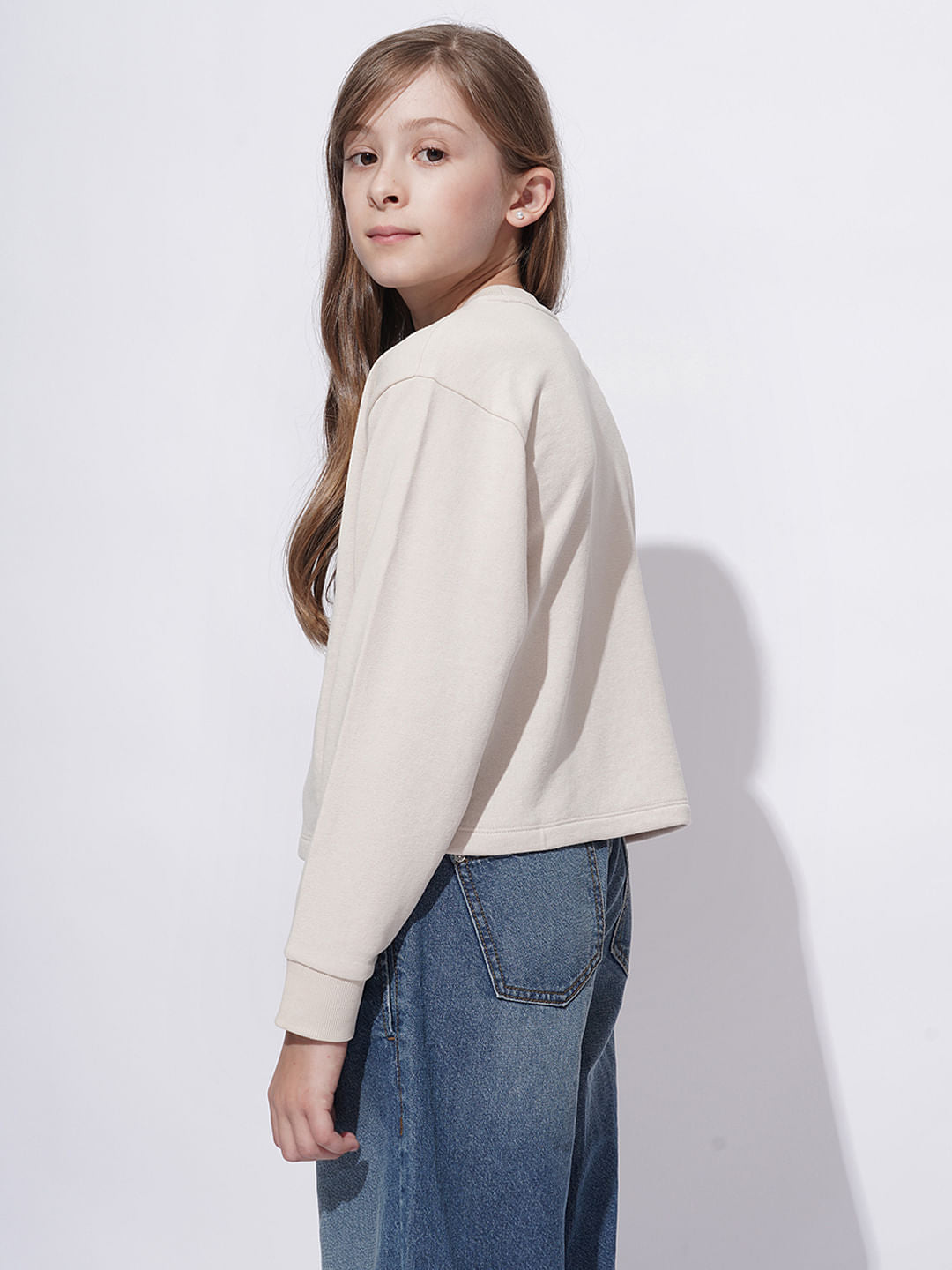 Girls Beige Varsity Graphic Print Sweatshirt