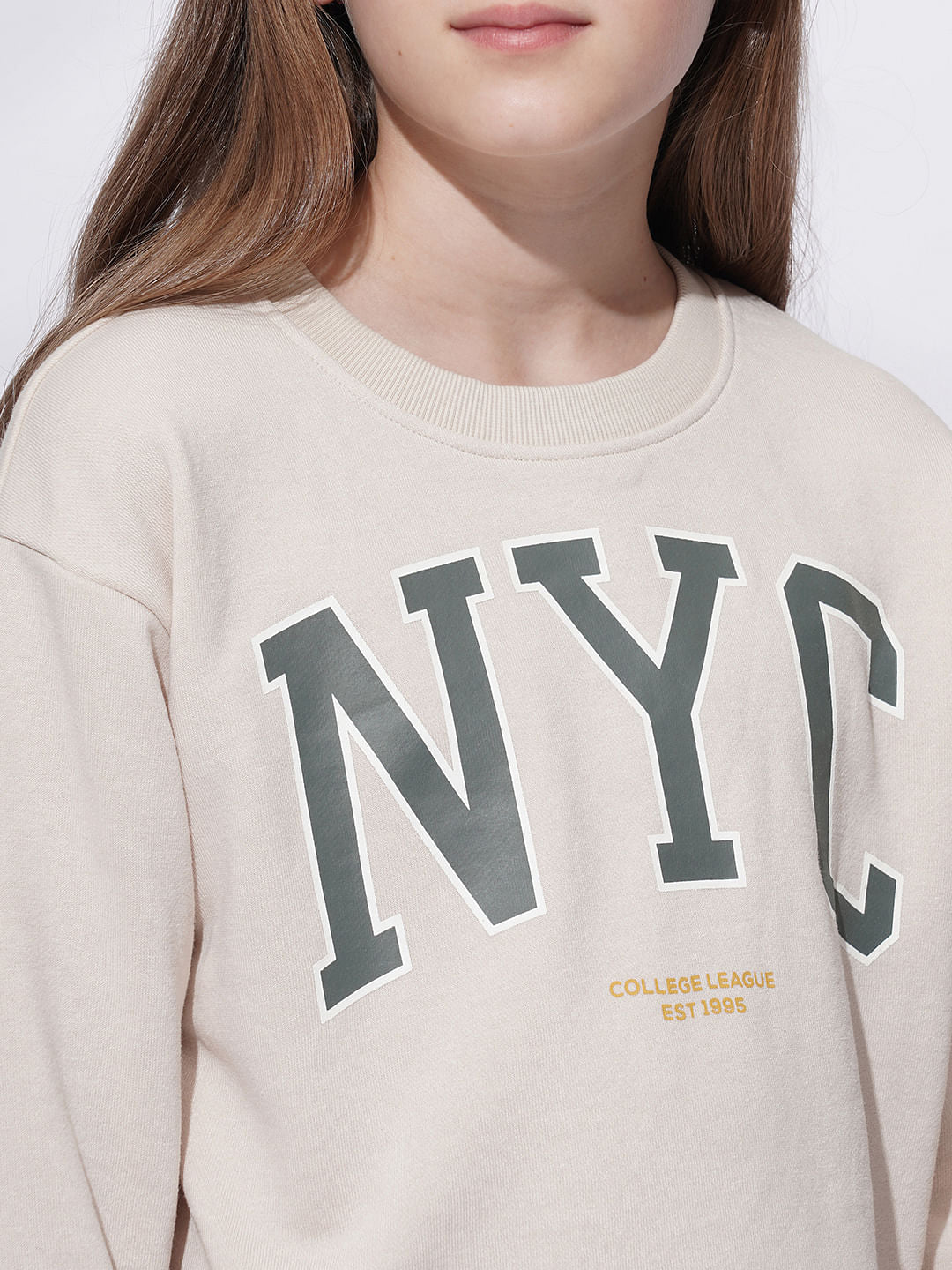 Girls Beige Varsity Graphic Print Sweatshirt